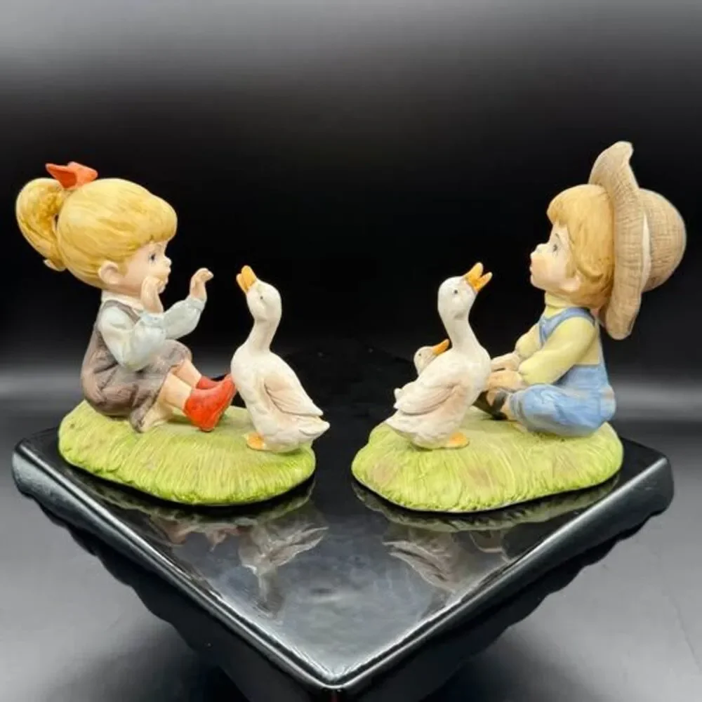 Vintage Boy Girl Geese Figurines Pair Ceramic Farm Children Goslings Cottagecore